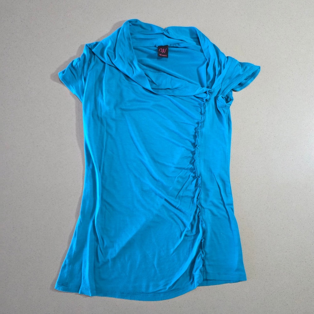 Wrapper Womens Turquoise Blue Cowl Neck Ruffle Front Cap Sleeve Top Size S
